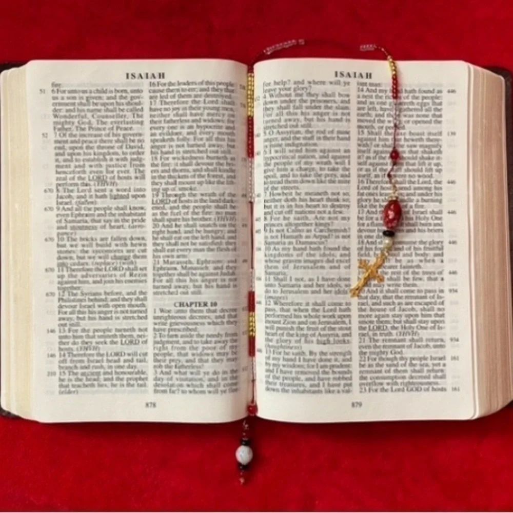 ECCENTRIC HANDCRAFTED Red/White/Black Beaded Bookmark w/Golden Cross